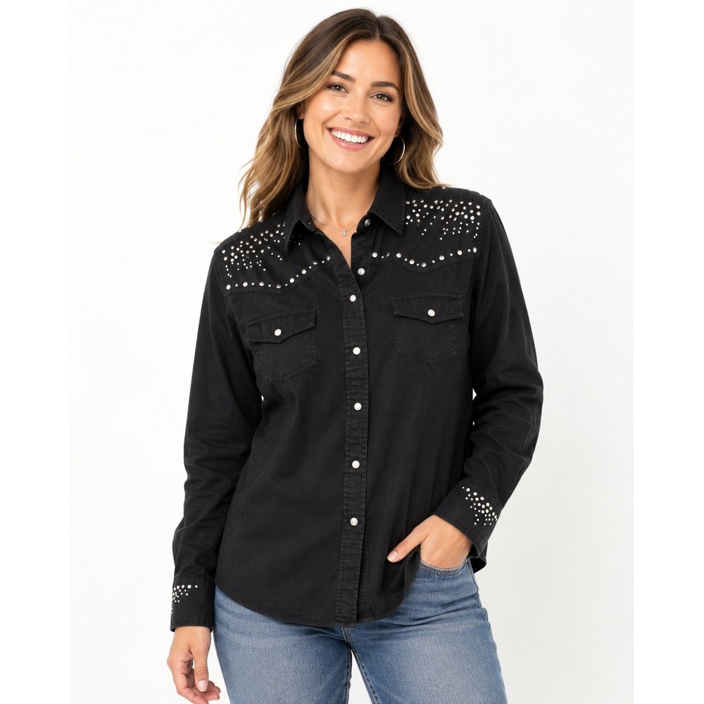 Cumberland Outfitters Black Studded Rhinestone Western Pearl Snap Shirt Womens L